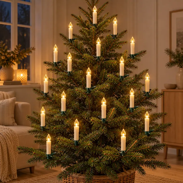 Set of 20 Clip-on LED Christmas Tree Candles in use (styled scene)