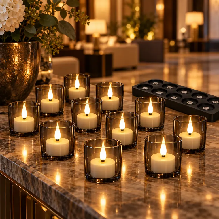Set of 12 Magnetic Rechargeable LED Tea Lights in use (styled scene)