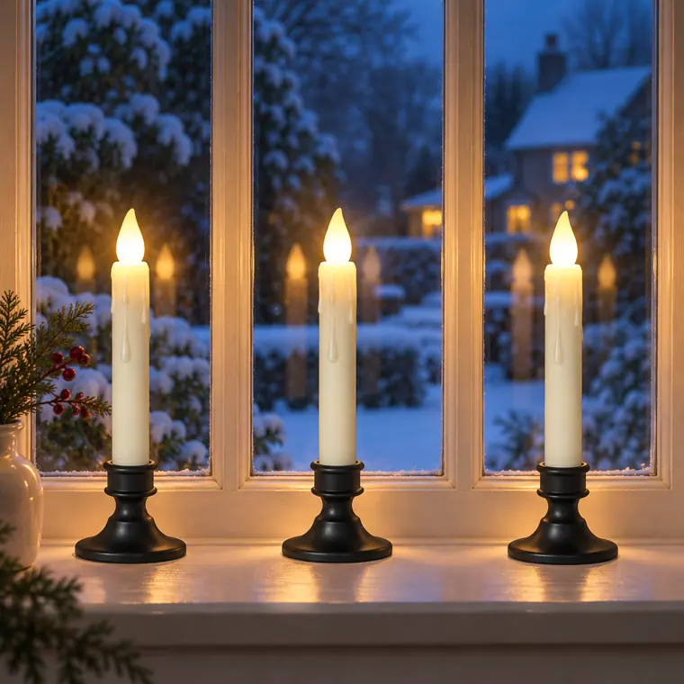 Dusk-to-Dawn Cordless LED Window Candles, Set of 6 in use (styled scene)