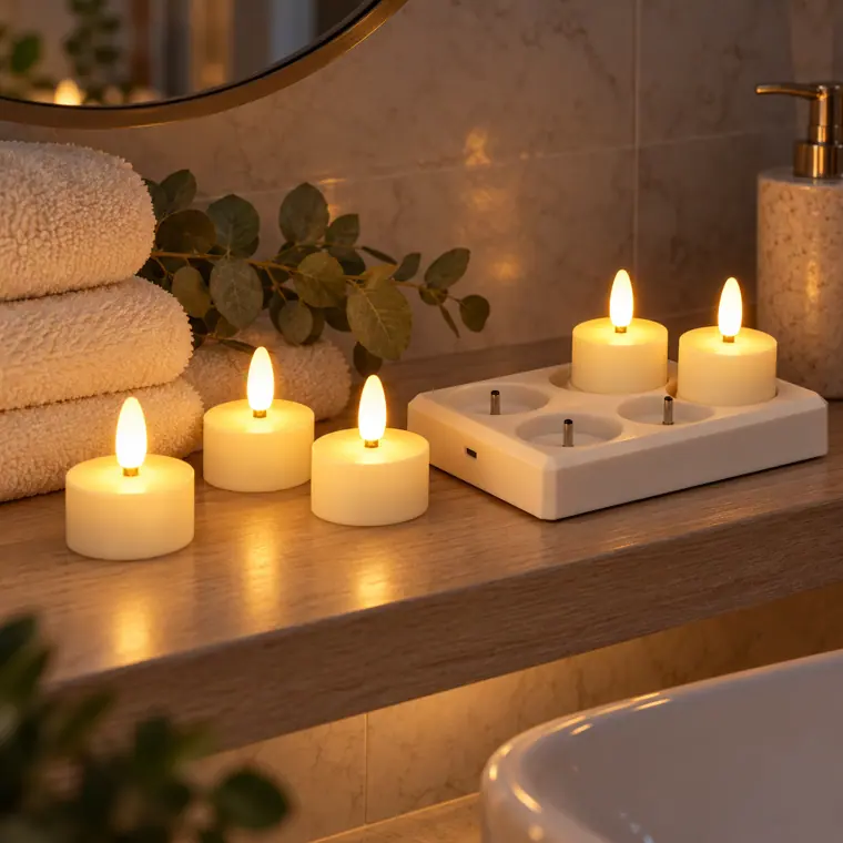 Set of 6 Rechargeable LED Tea Lights with Charging Base in use (styled scene)