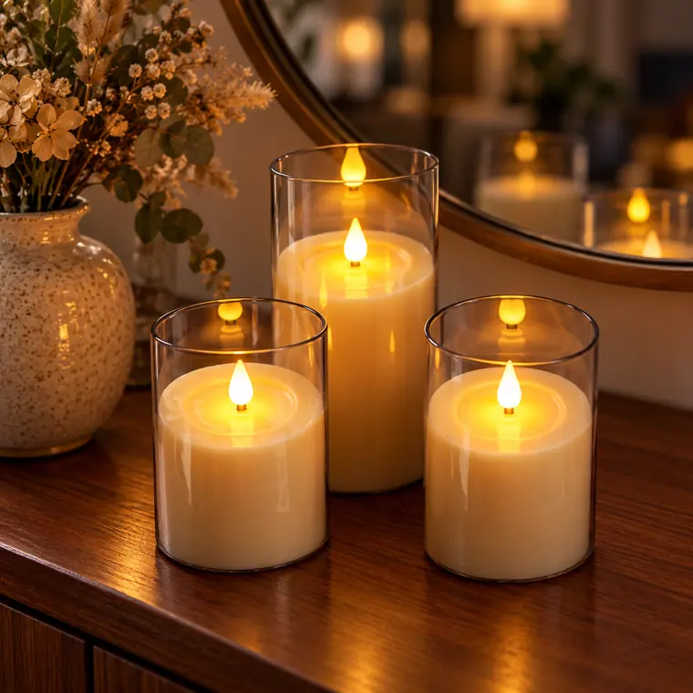 Set of 3 Magnetic Rechargeable LED Pillar Candles in use (styled scene)