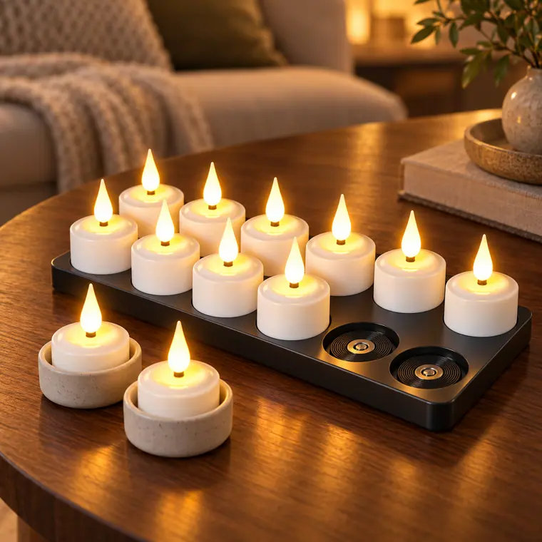 Set of 6 Magnetic Rechargeable LED Tea Lights in use (styled scene)