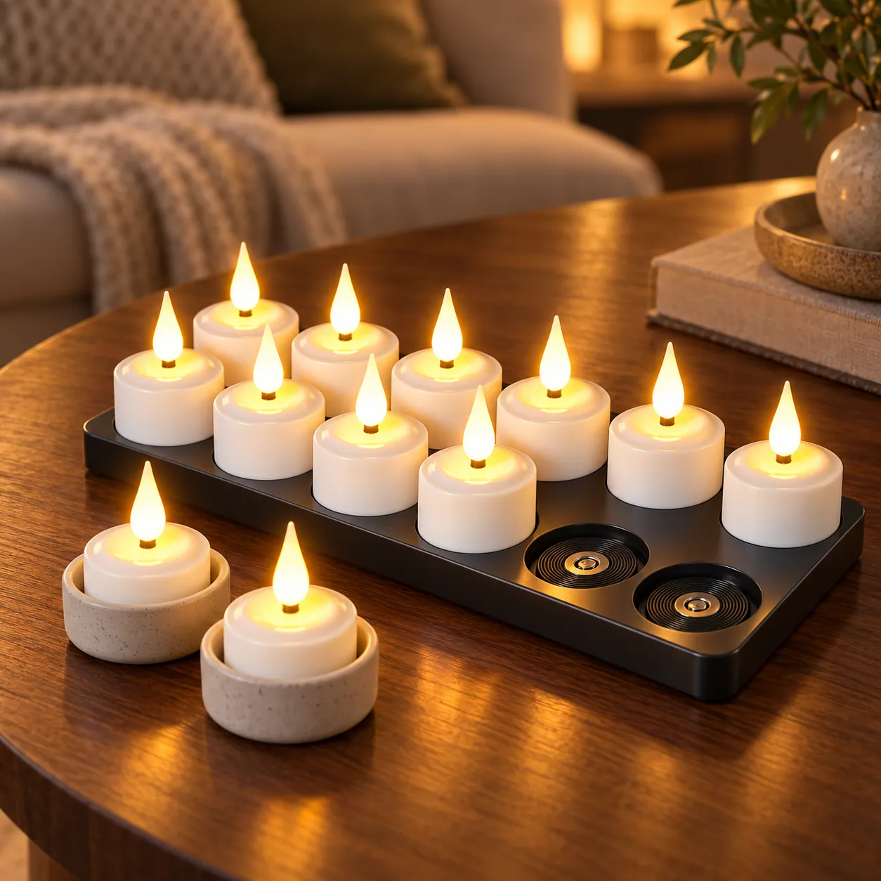 Magnetic rechargeable LED tea lights in a living room (styled scene)