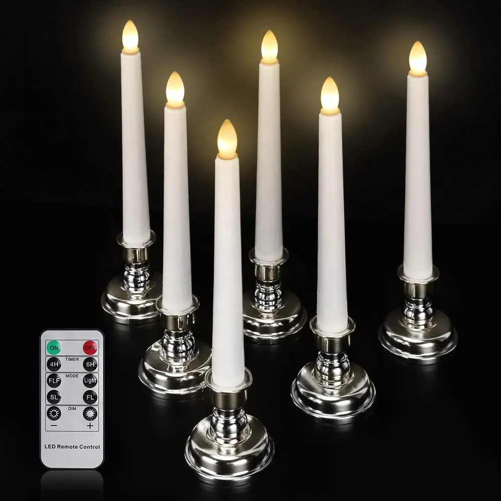 Set of 6 Flameless LED Ivory Taper Window Candles With Daily Timer Removable (FP20-6S)