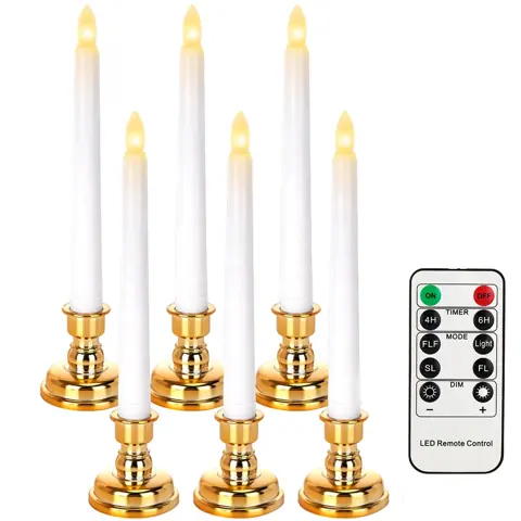 6 PCS Flickering Battery Operated LED Flameless Taper Candle With Timer (FP20-6G)