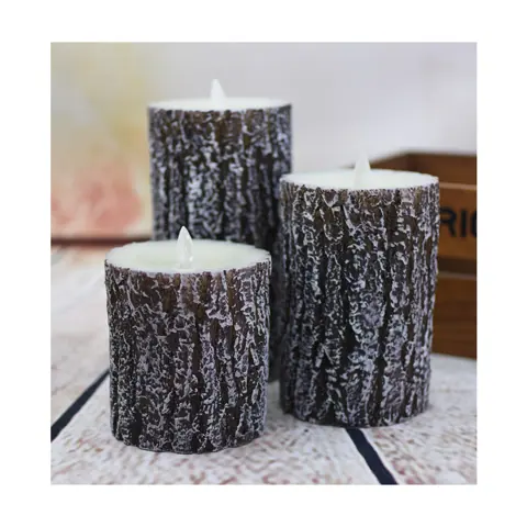 3 PCS/set Flameless Candle with Pine Bark Design LED Pillar Moving Flame (JH11)