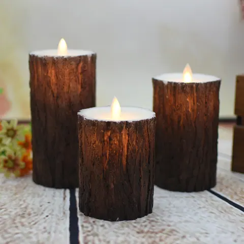 3 PCS/set Flameless Candle with Pine Bark Design LED Pillar Moving Flame (JH11) – view 3