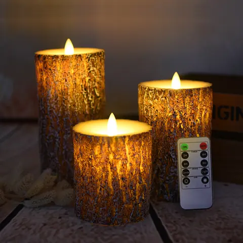 3 PCS/set Flameless Candle with Pine Bark Design LED Pillar Moving Flame (JH11) – view 4