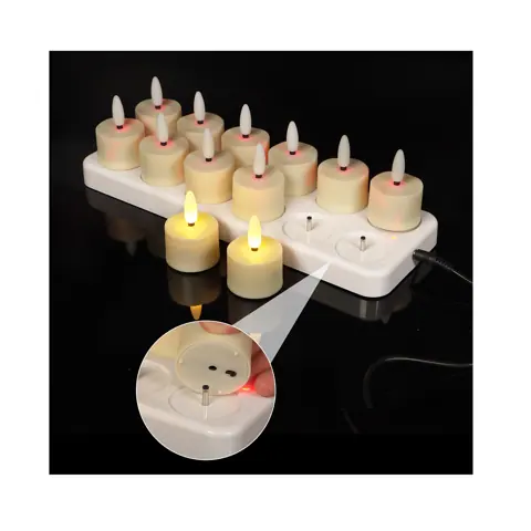 Pack of 12 Flickering Flameless LED Tea Light Candles With Charging Station (TH-07)