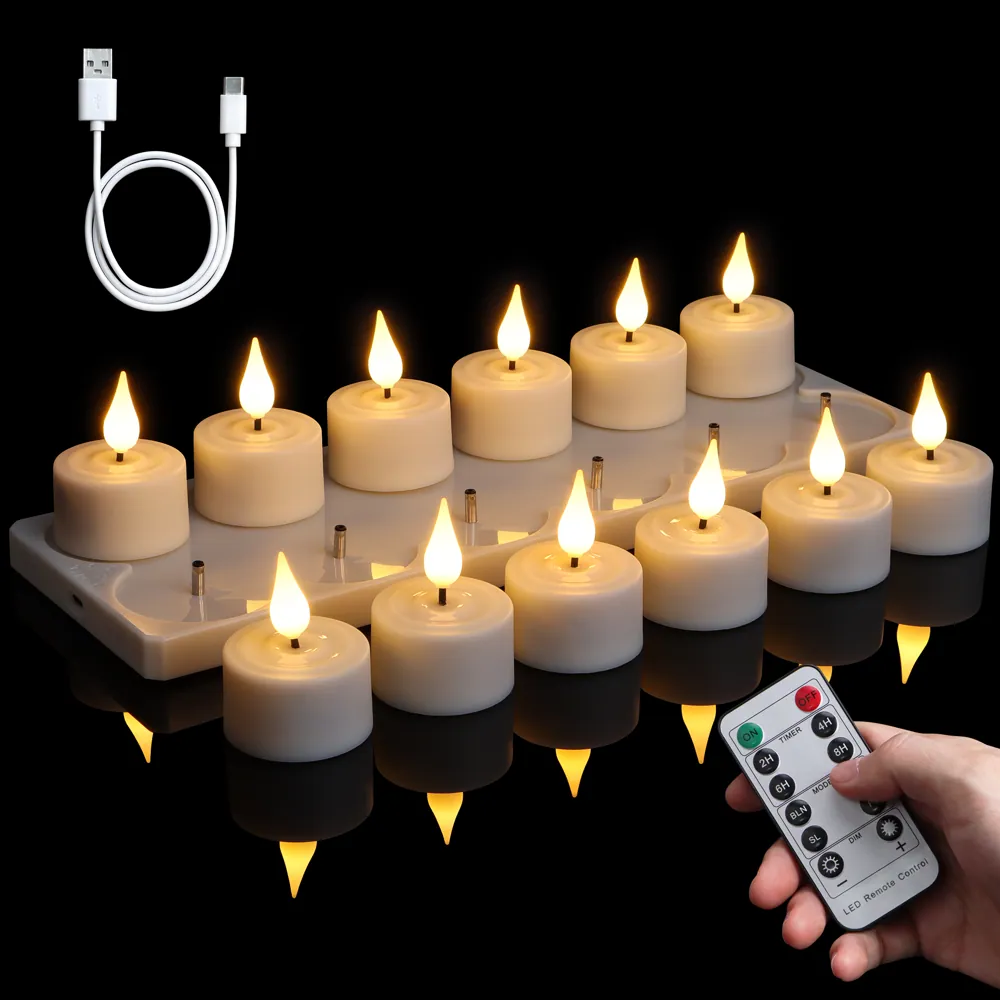 Set of 12 Rechargeable 3D Flame LED Tea Lights (TH03)