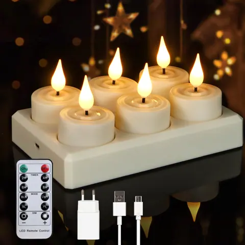 Set of 6 Rechargeable LED Candle Flickering Tea Lights with Charging Base (TH-04)