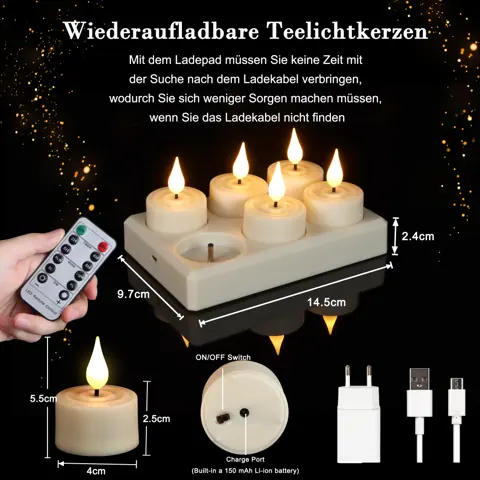 Set of 6 Rechargeable LED Candle Flickering Tea Lights with Charging Base (TH-04) – view 2