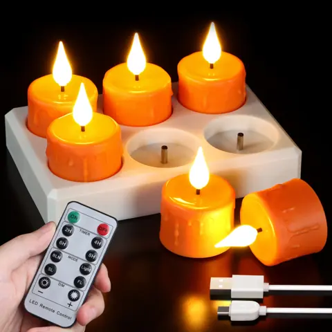 Set 6 Rechargeable Plastic Orange LED Candle Flickering Tea Lights Charging (TH-03O)