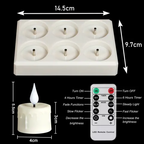 Set 6 Rechargeable Plastic Orange LED Candle Flickering Tea Lights Charging (TH-03O) – view 2