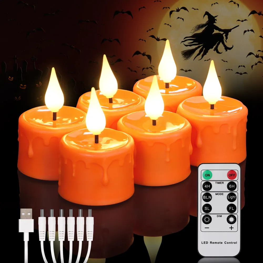 Orange Realistic Flickering Flameless Candles USB Rechargeable LED Tea Lights (TH03-6)