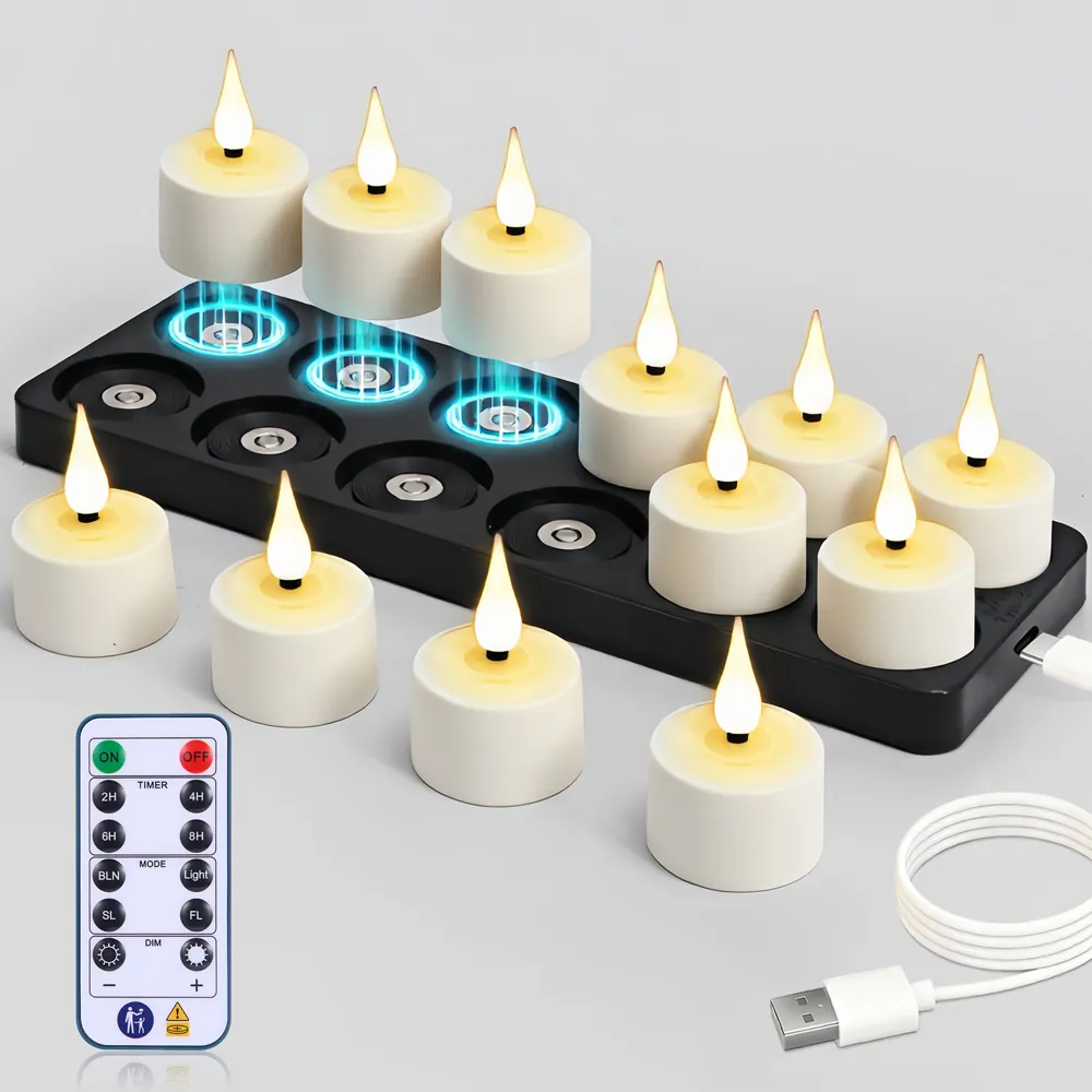 Set of 12 Magnetic Rechargeable LED Tea Lights (T301B)