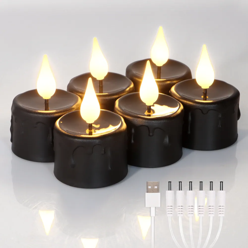 Black USB Rechargeable 3D Flame LED Tea Lights, Set of 6 (TH03-6)