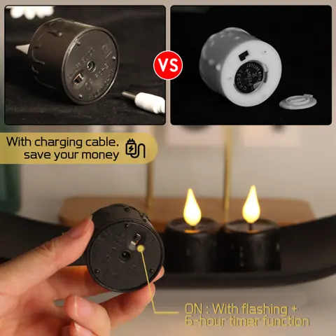 Black USB Rechargeable 3D Flame LED Tea Lights, Set of 6 (TH03-6) – view 3