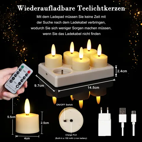 Set of 6 Rechargeable LED Tea Lights with Charging Base (TH-07-6) – view 2