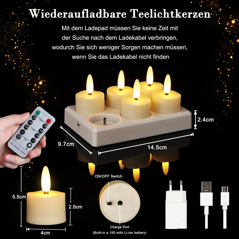 Set of 6 Rechargeable LED Tea Lights with Charging Base (TH-07-6) – view 2