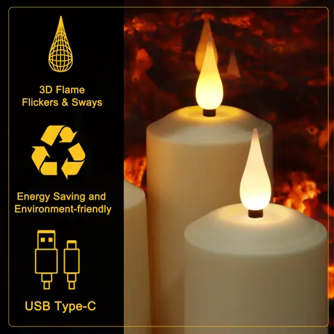 USB-C Rechargeable LED Pillar Candles, 2 Inch Diameter, 3 Heights (TH50-3) – view 2