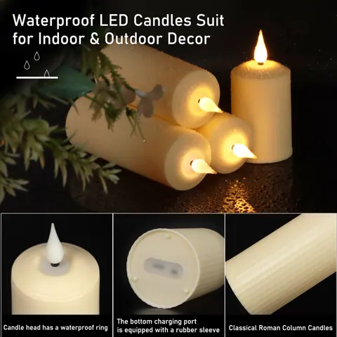 USB-C Rechargeable Pillar LED Candle Waterproof 3D Wick (TH50-6) – view 2