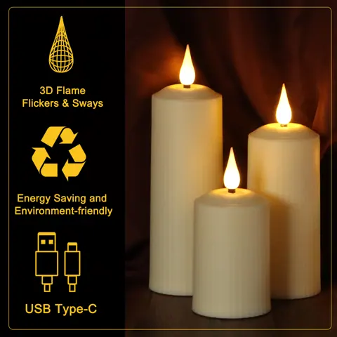 USB-C Rechargeable Pillar LED Candle Waterproof 3D Wick (TH50-6) – view 4
