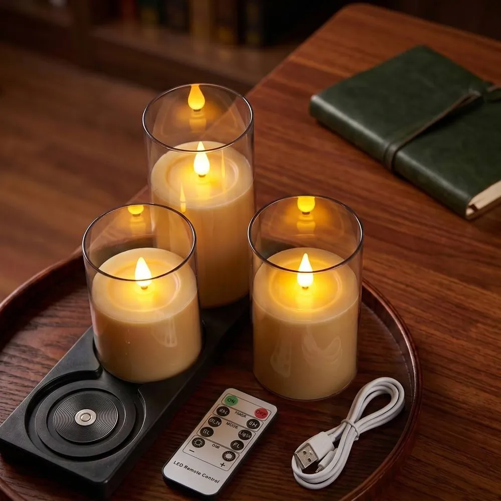 Set of 3 Magnetic Rechargeable LED Pillar Candles (T303)