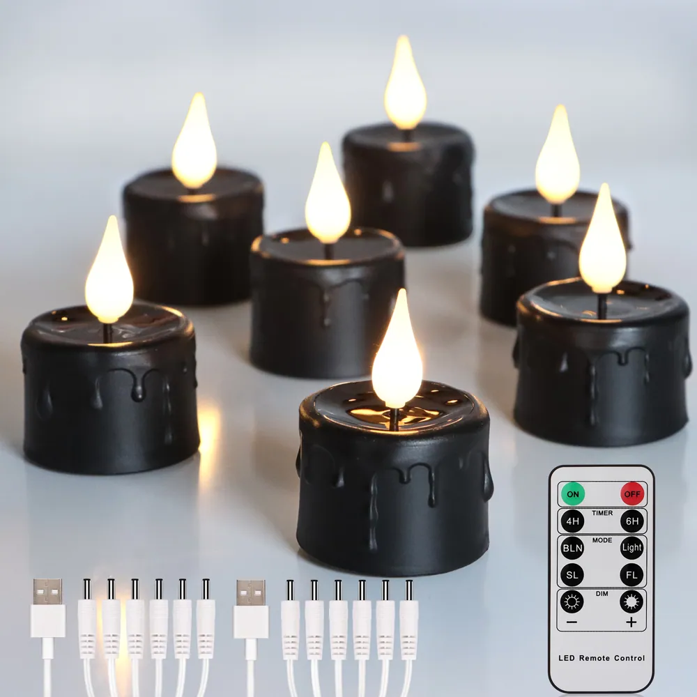 Electronic Candles Black USB Rechargeable Tea Light LED Flameless Flickering (TH03-6)