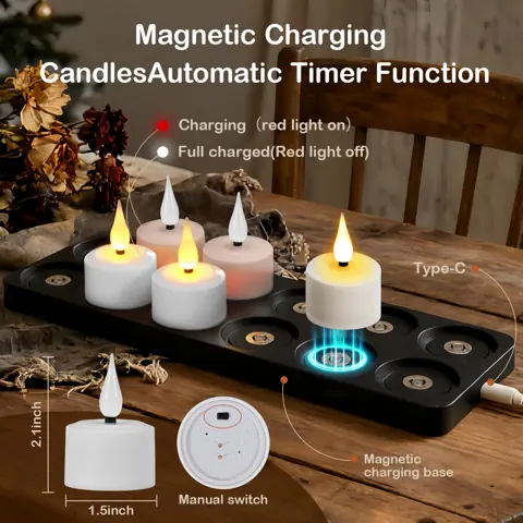 Magnetic Rechargeable LED Tealight Candles Set of 12 Flickering 3D Flame (T301B)