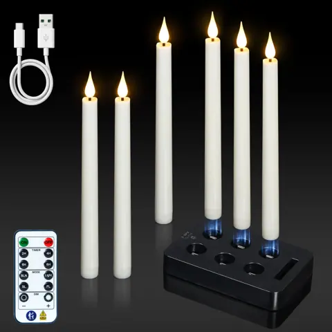 9 Inch Rechargeable LED Taper Candle Lights with USB Charging Base Flickering (FP-230)