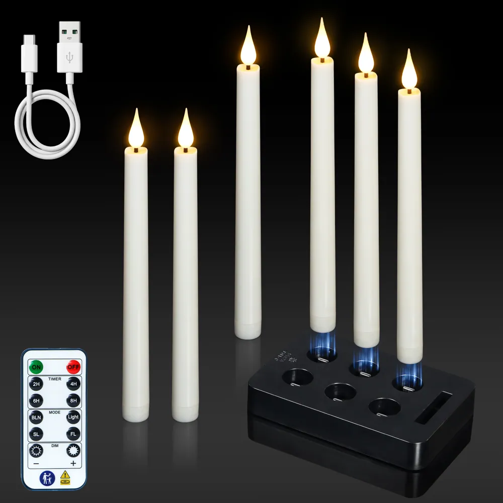 9 Inch Rechargeable LED Taper Candle Lights with USB Charging Base Flickering (FP-230)