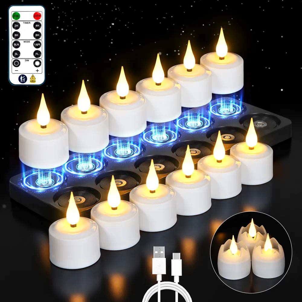 Rechargeable Magnetic LED Tea Light Candles 12 Pack 3D Flame Remote Timer LED (T301B)