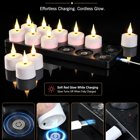 Rechargeable Magnetic LED Tea Light Candles 12 Pack 3D Flame Remote Timer LED (T301B) – view 2