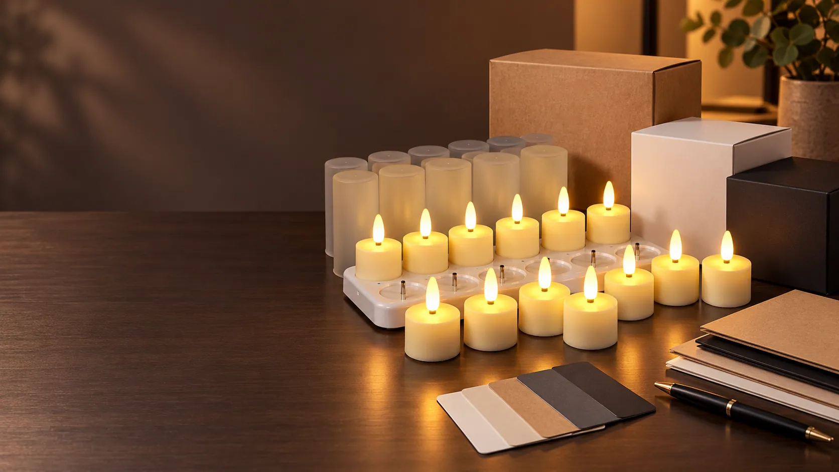 Plain gift boxes and LED tea lights for private-label packaging (styled scene)