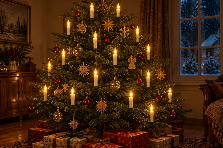 Christmas tree with clip-on LED candles (styled scene)
