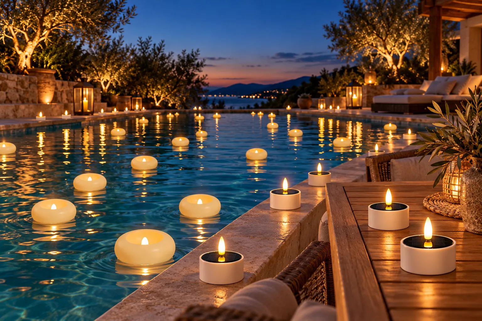 Gardens, pools & resorts lit with flameless LED candles (styled scene)