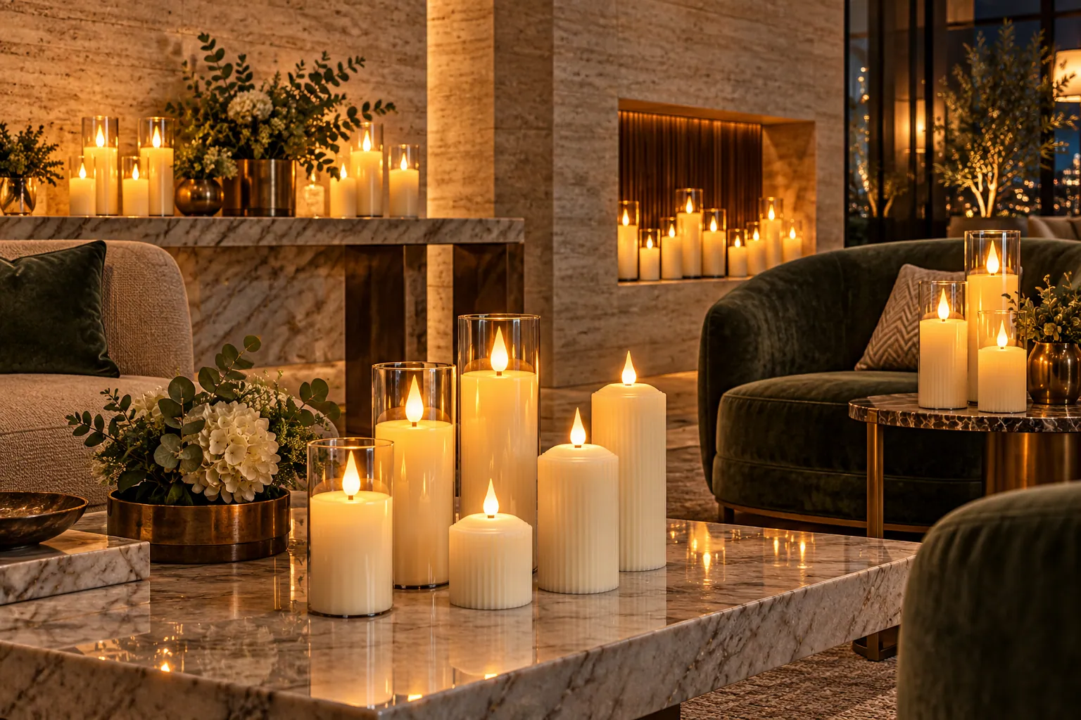 Hotels, spas & lobbies lit with flameless LED candles (styled scene)