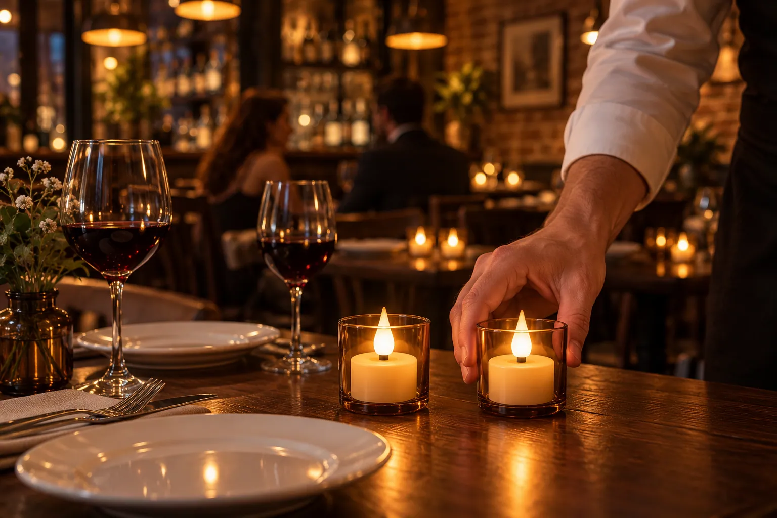 Restaurant tables lit by rechargeable LED tea lights (styled scene)