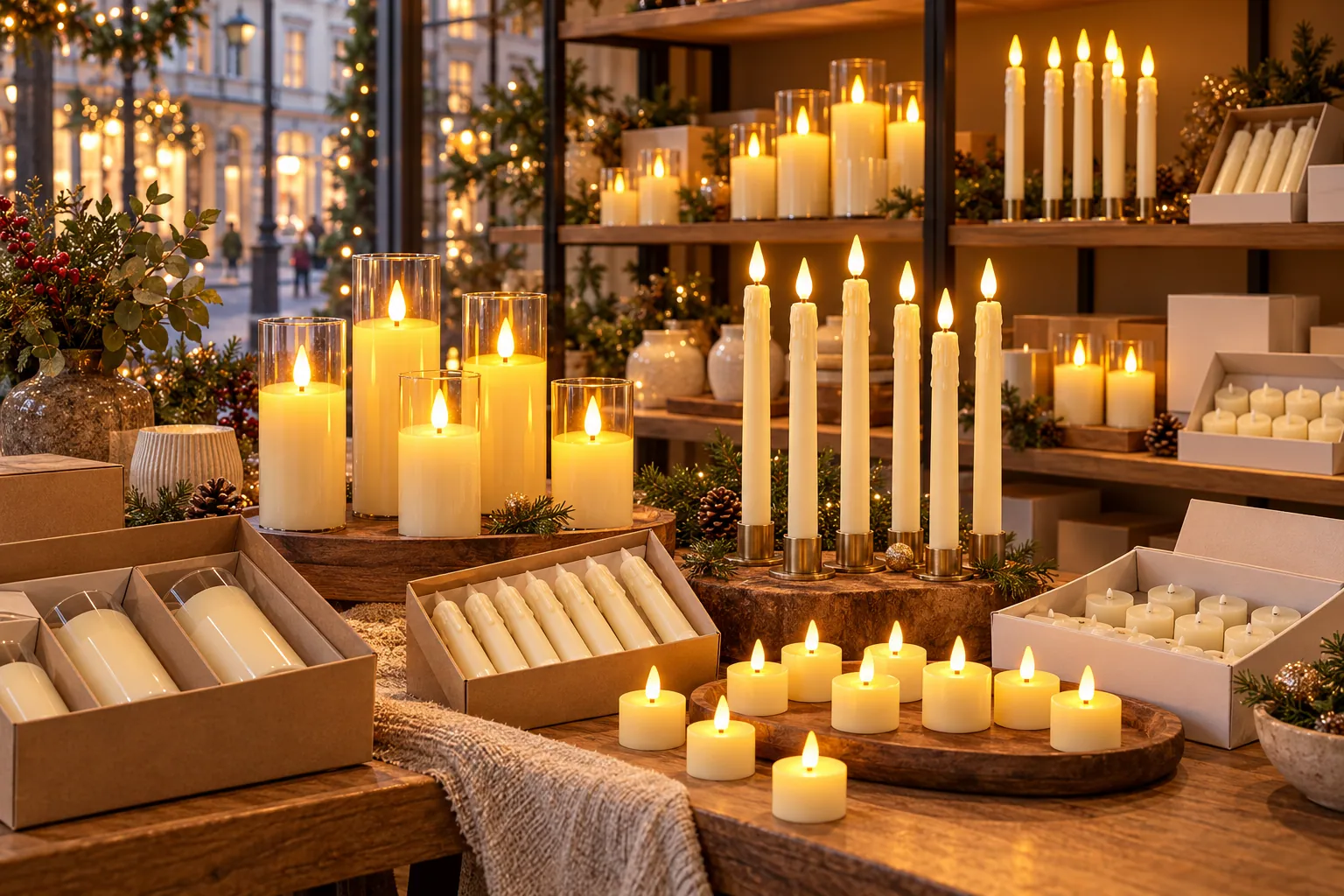 Home-decor store display of LED candles in plain gift boxes (styled scene)